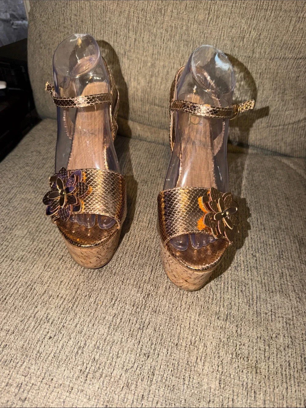 Womens Bakers Brown Cork Wedge Sandals with Gold Snakeskin Textured Straps size8